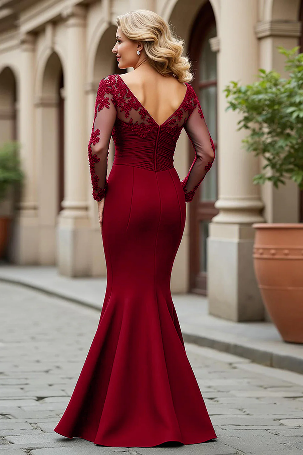 Elegant V-Neck Sheer Long Sleeve Lace Applique Ruched Mermaid Mother of the Bride Dress
