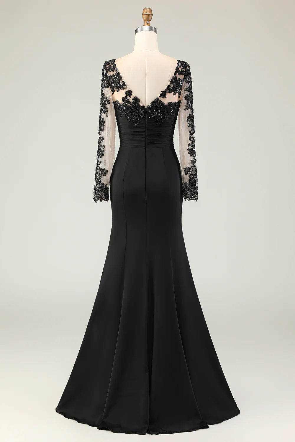 Elegant V-Neck Sheer Long Sleeve Lace Applique Ruched Mermaid Mother of the Bride Dress