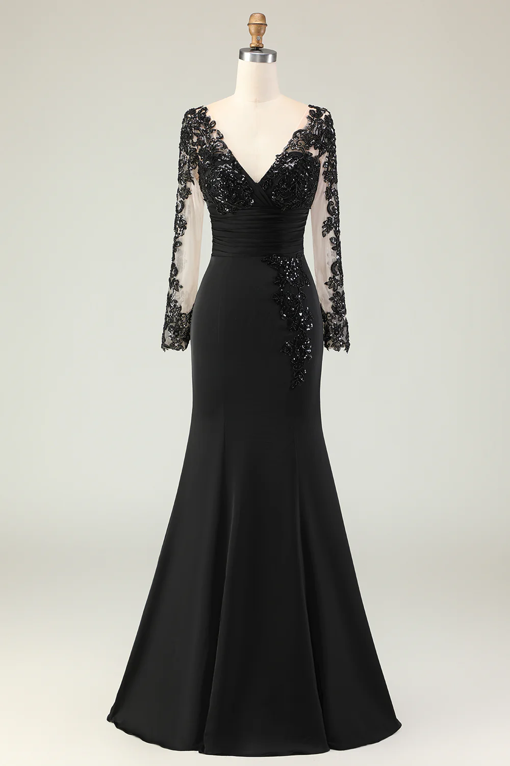 Elegant V-Neck Sheer Long Sleeve Lace Applique Ruched Mermaid Mother of the Bride Dress