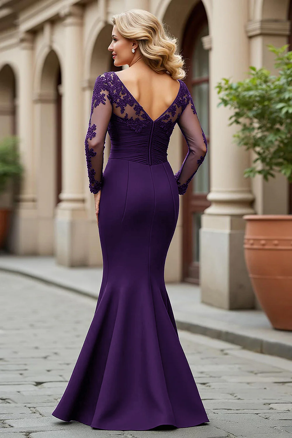 Elegant V-Neck Sheer Long Sleeve Lace Applique Ruched Mermaid Mother of the Bride Dress