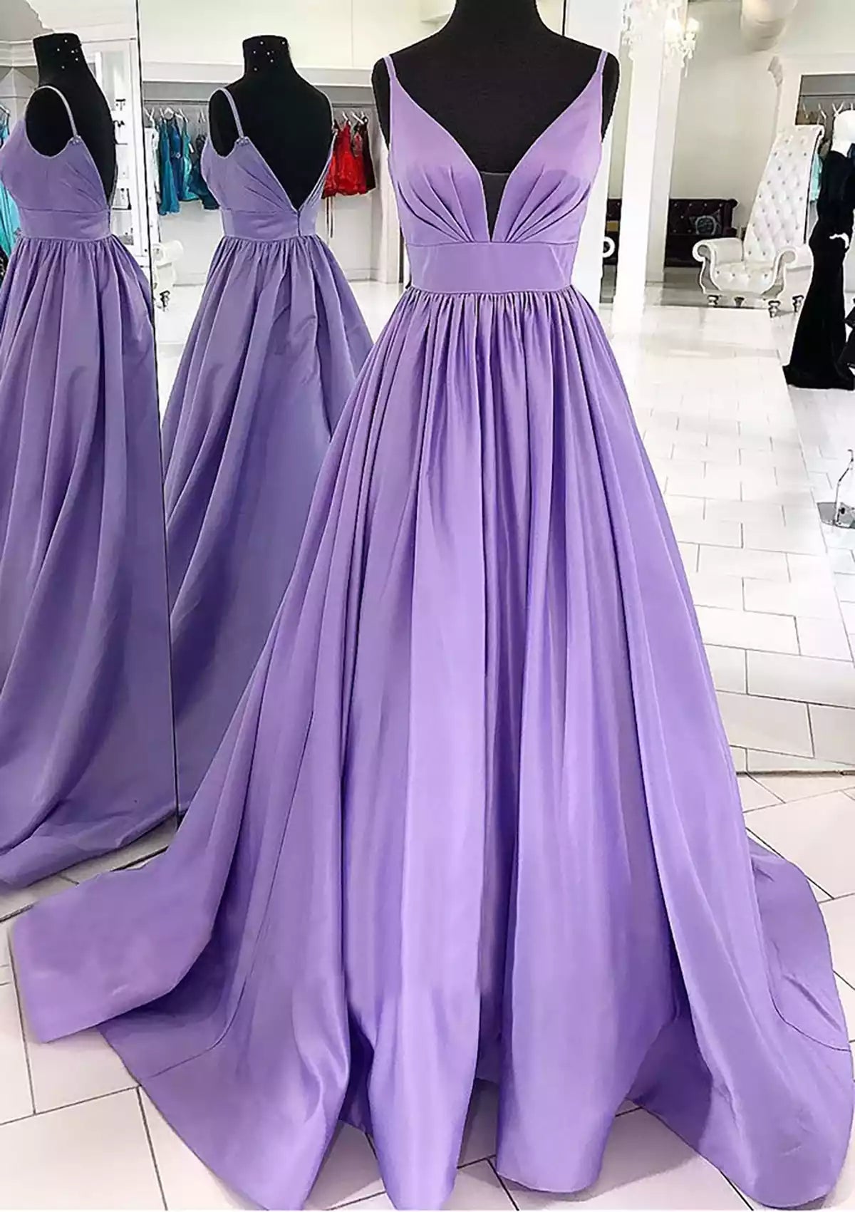Elegant V-neck A-line satin trailing pleats showcase elegant temperament Prom Dresses