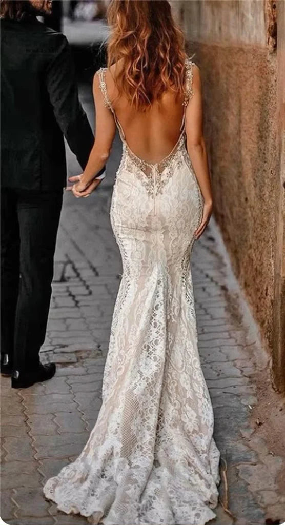 Elegant V-neck Sleeveless Mermaid Boho Long Wedding Dress