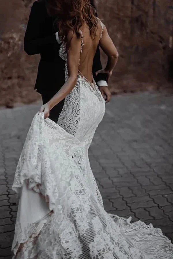 Elegant V-neck Sleeveless Mermaid Boho Long Wedding Dress