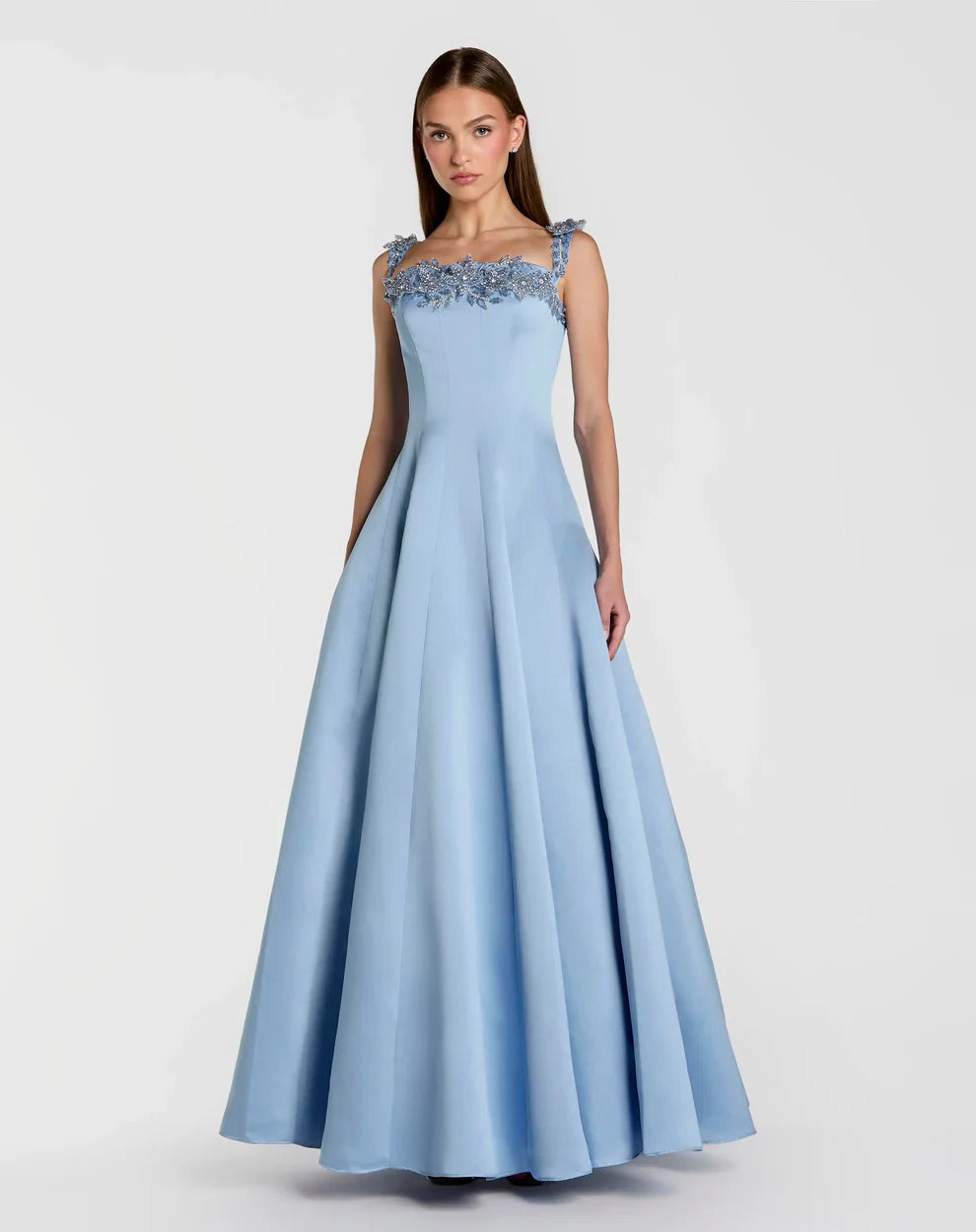 Elegant Voluminous A-Line Silhouette Square Neck Beaded Lace Strap Satin Maxi Evening Dress