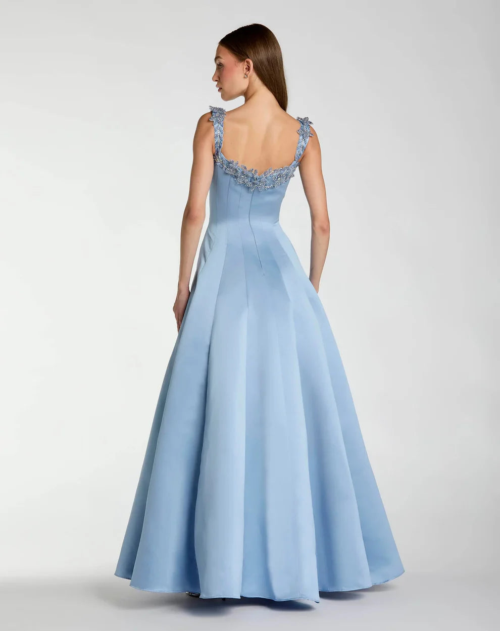 Elegant Voluminous A-Line Silhouette Square Neck Beaded Lace Strap Satin Maxi Evening Dress