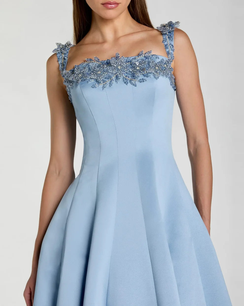 Elegant Voluminous A-Line Silhouette Square Neck Beaded Lace Strap Satin Maxi Evening Dress