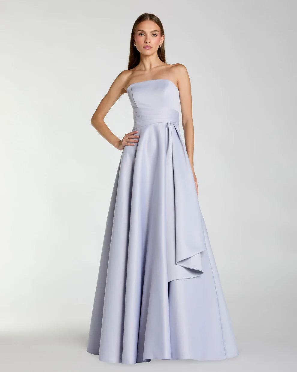 Elegant Voluminous Ball Gown Strapless Ruched Waist Asymmetrical Ruffle Maxi Evening Dress