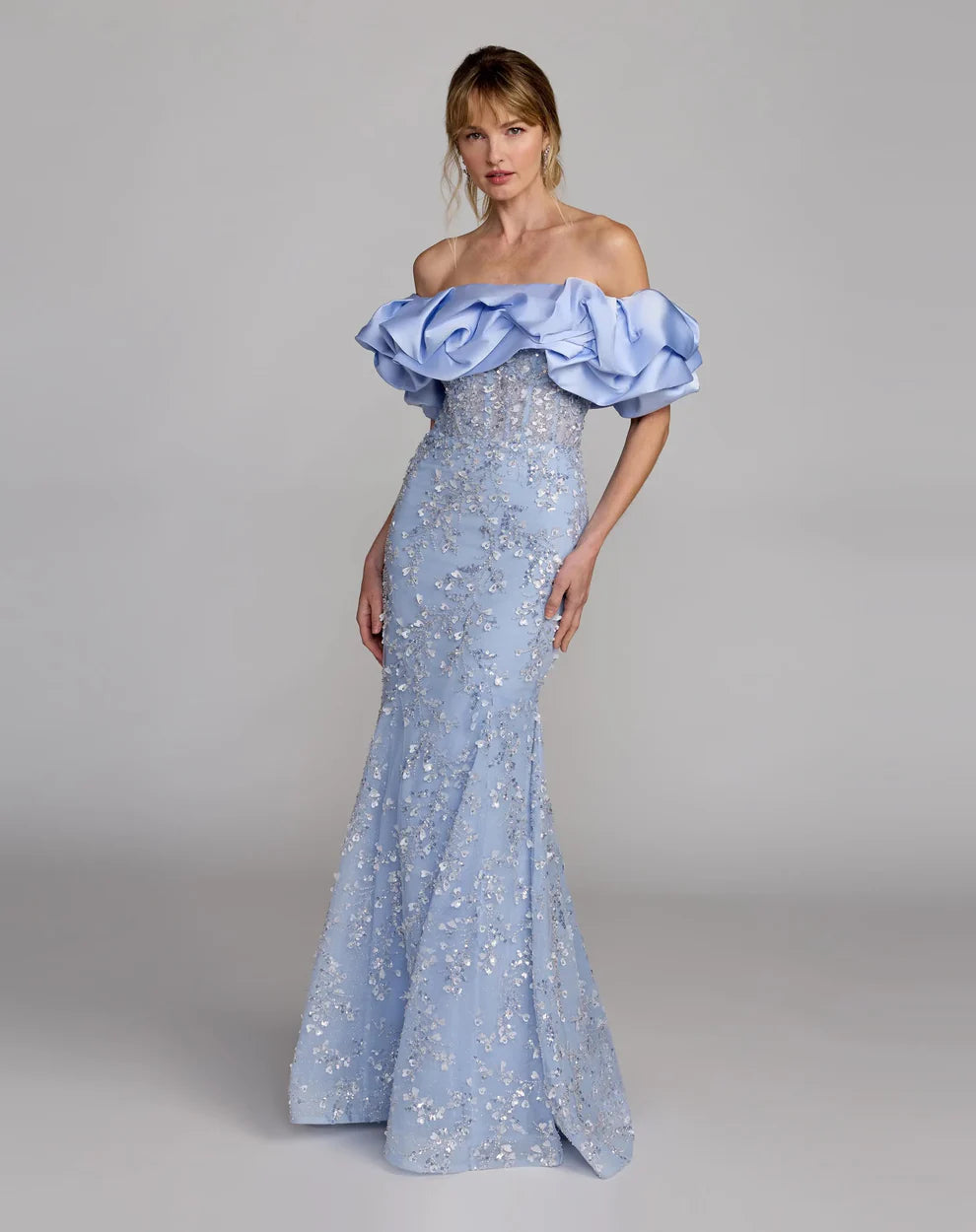 Elegant Voluminous Mermaid Silhouette Off-the-Shoulder Ruffle Sleeve Sequin Maxi Evening Dress