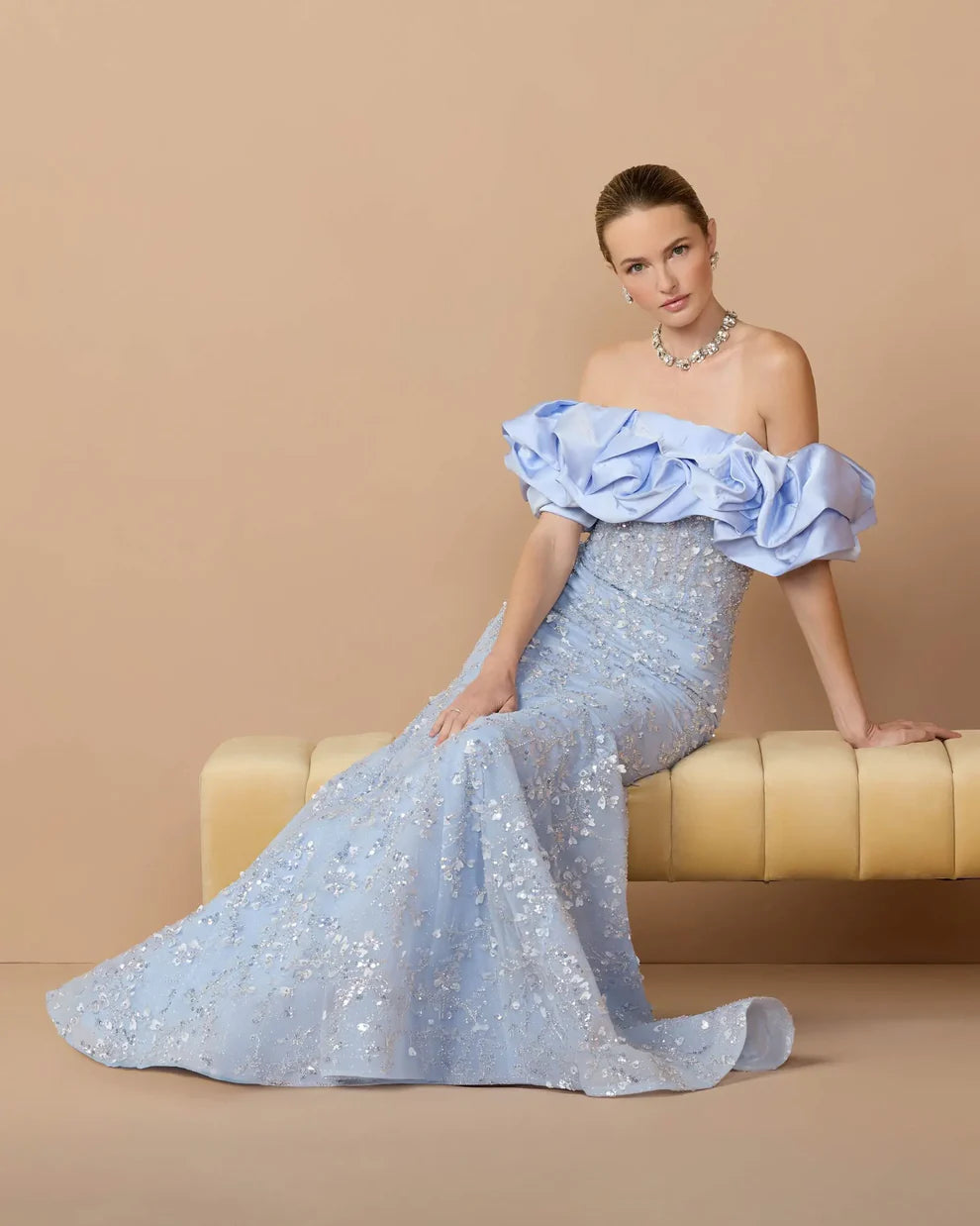 Elegant Voluminous Mermaid Silhouette Off-the-Shoulder Ruffle Sleeve Sequin Maxi Evening Dress
