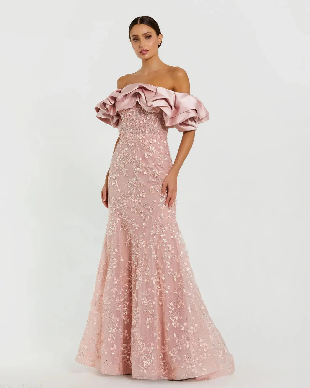 Elegant Voluminous Mermaid Silhouette Off-the-Shoulder Ruffle Sleeve Sequin Maxi Evening Dress