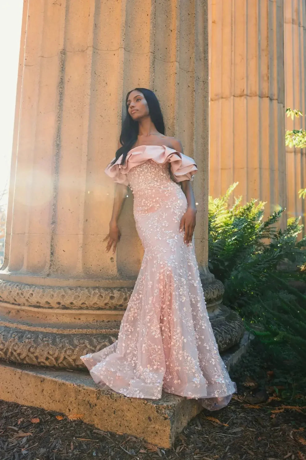 Elegant Voluminous Mermaid Silhouette Off-the-Shoulder Ruffle Sleeve Sequin Maxi Evening Dress
