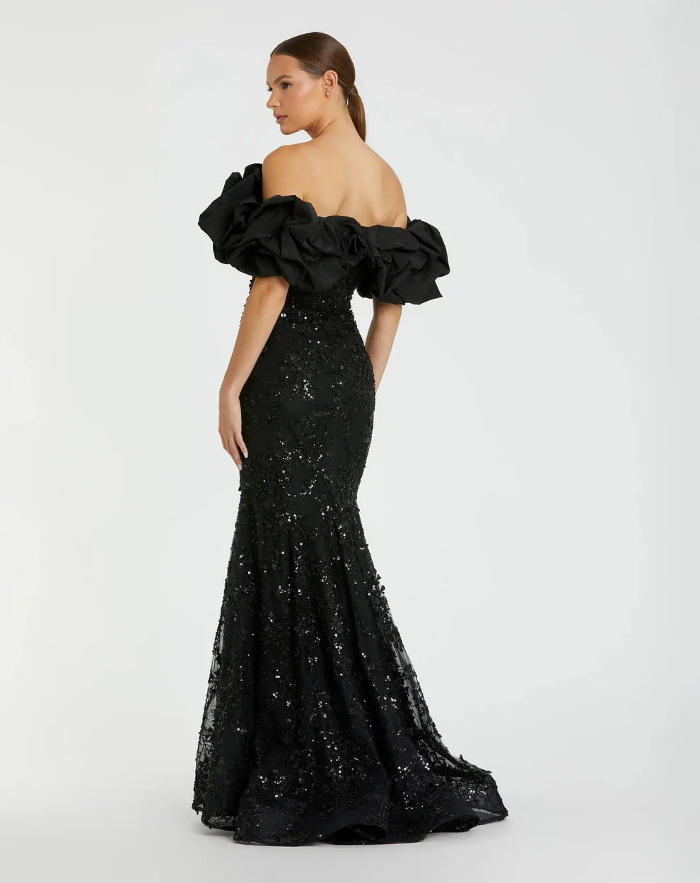Elegant Voluminous Mermaid Silhouette Off-the-Shoulder Ruffle Sleeve Sequin Maxi Evening Dress