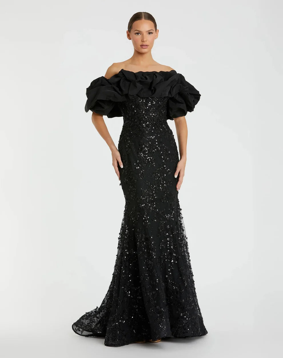 Elegant Voluminous Mermaid Silhouette Off-the-Shoulder Ruffle Sleeve Sequin Maxi Evening Dress
