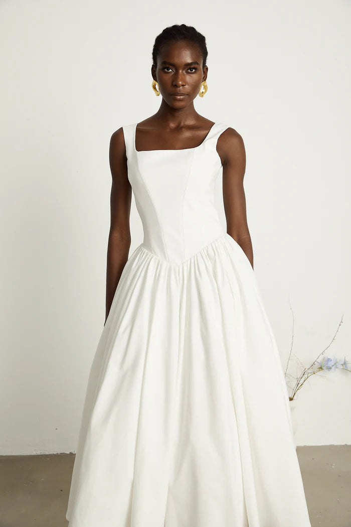 Elegant White ALine Square Neck Sleeveless Back Zip Tea Length Evening Dresses