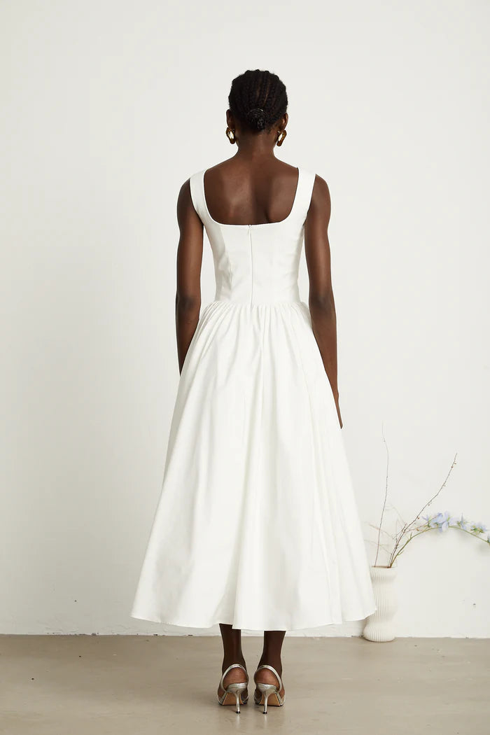 Elegant White ALine Square Neck Sleeveless Back Zip Tea Length Evening Dresses