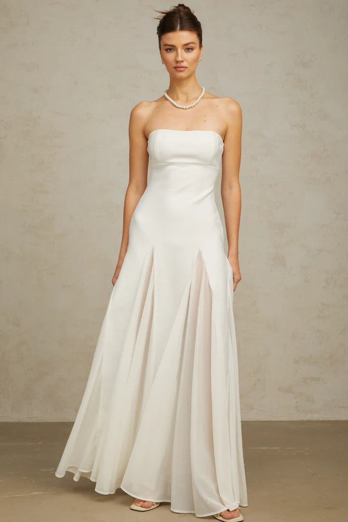 Elegant White ALine Strapless Square Neck Back Zip Floor Length Evening Dresses