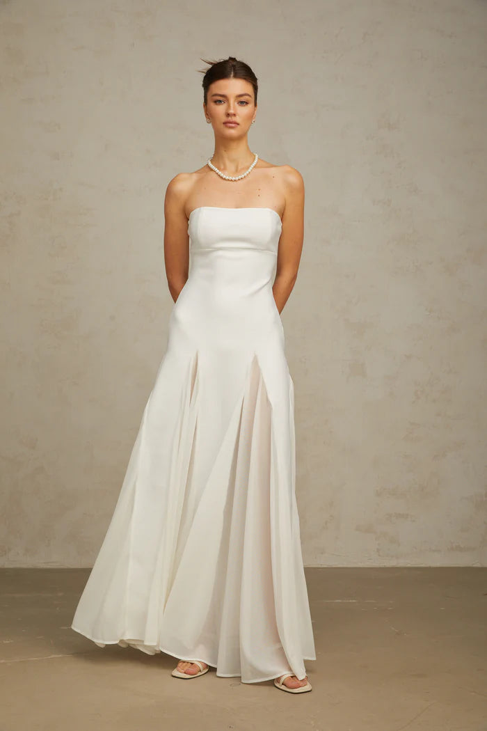 Elegant White ALine Strapless Square Neck Back Zip Floor Length Evening Dresses