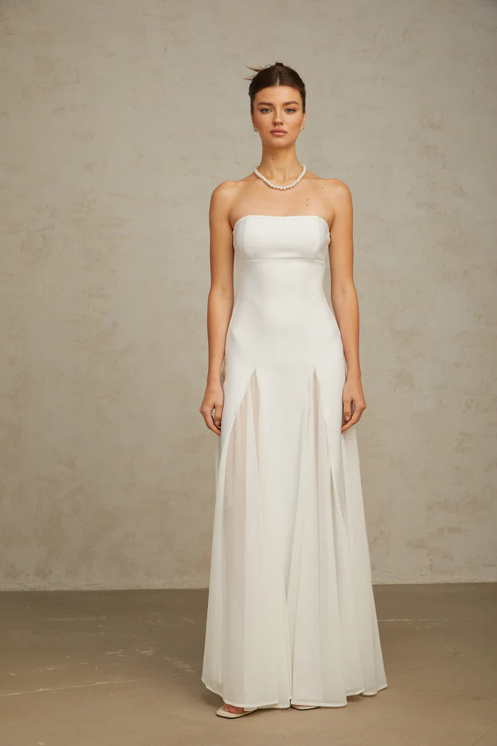 Elegant White ALine Strapless Square Neck Back Zip Floor Length Evening Dresses