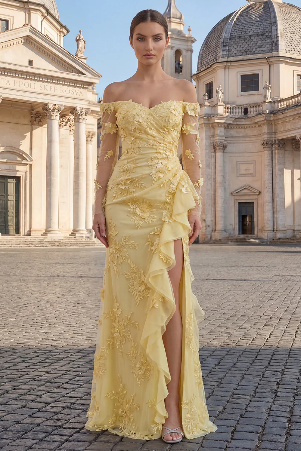 Elegant Yellow Off-the-Shoulder Evening Dress with 3D Floral Appliqué and Ruffle Slit
