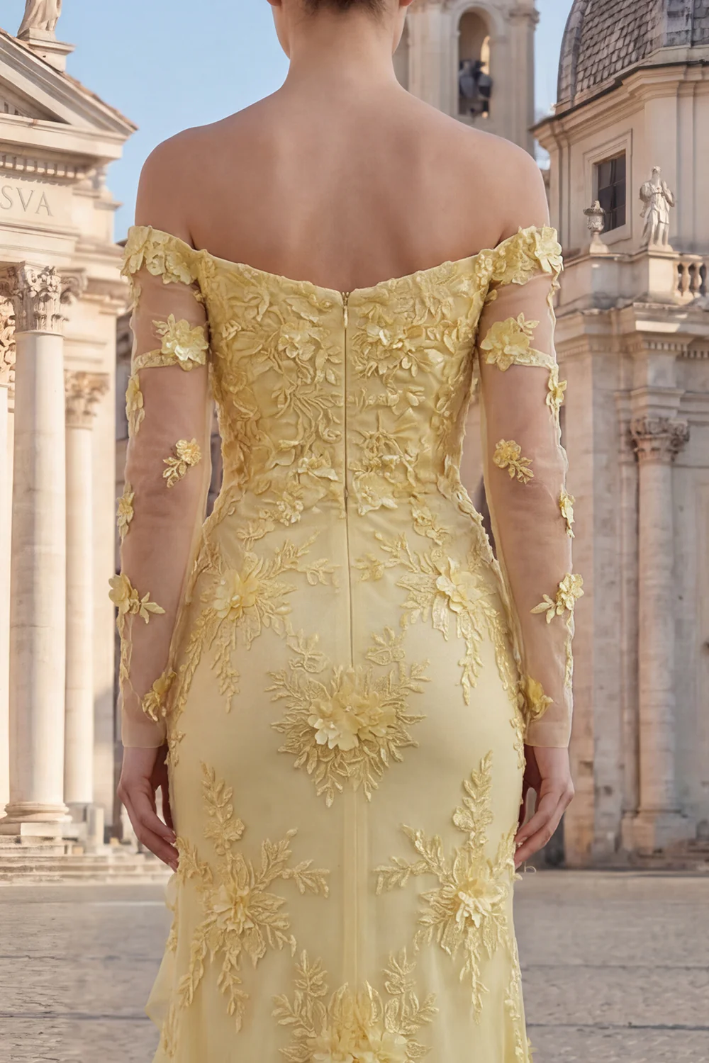 Elegant Yellow Off-the-Shoulder Evening Dress with 3D Floral Appliqué and Ruffle Slit