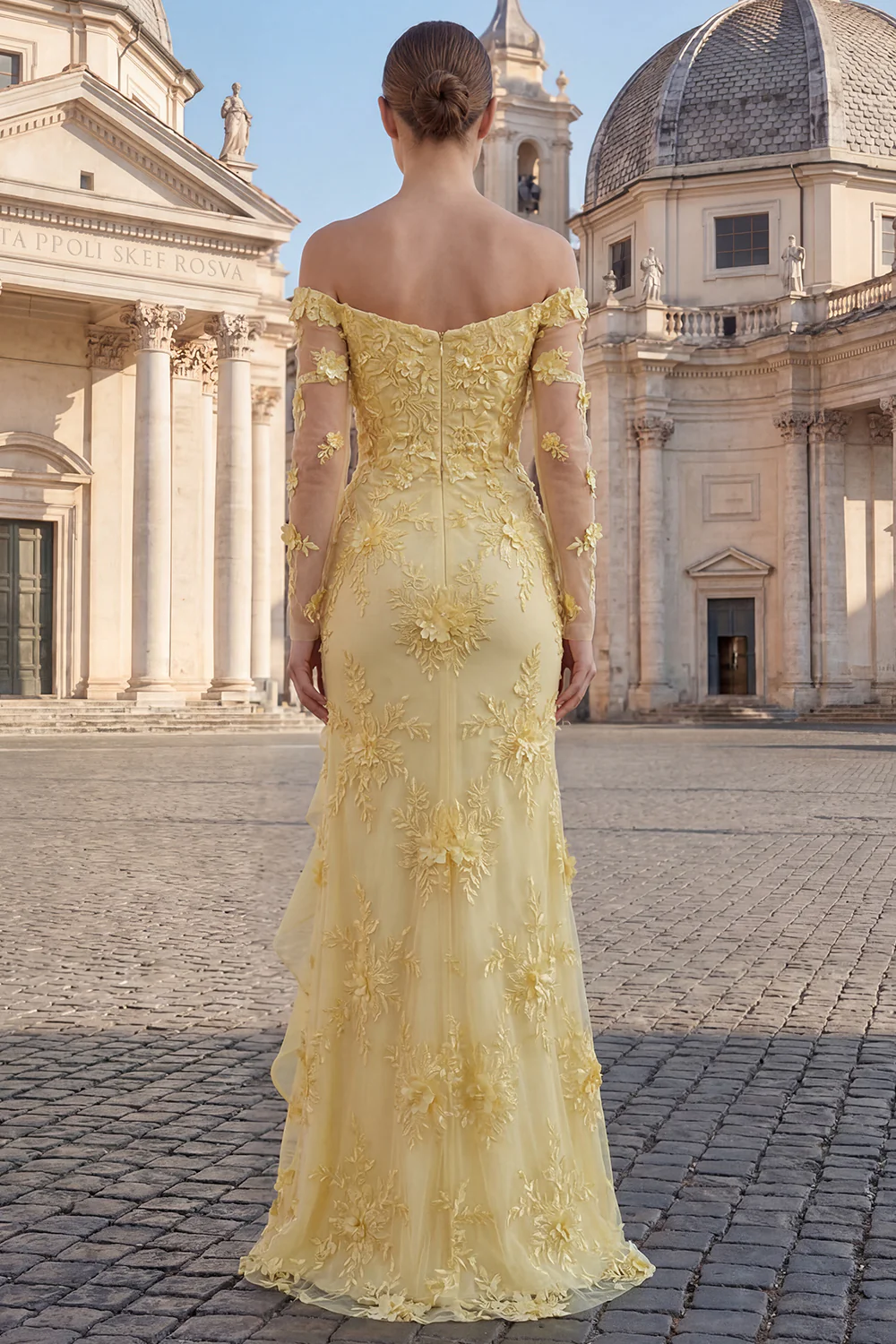 Elegant Yellow Off-the-Shoulder Evening Dress with 3D Floral Appliqué and Ruffle Slit