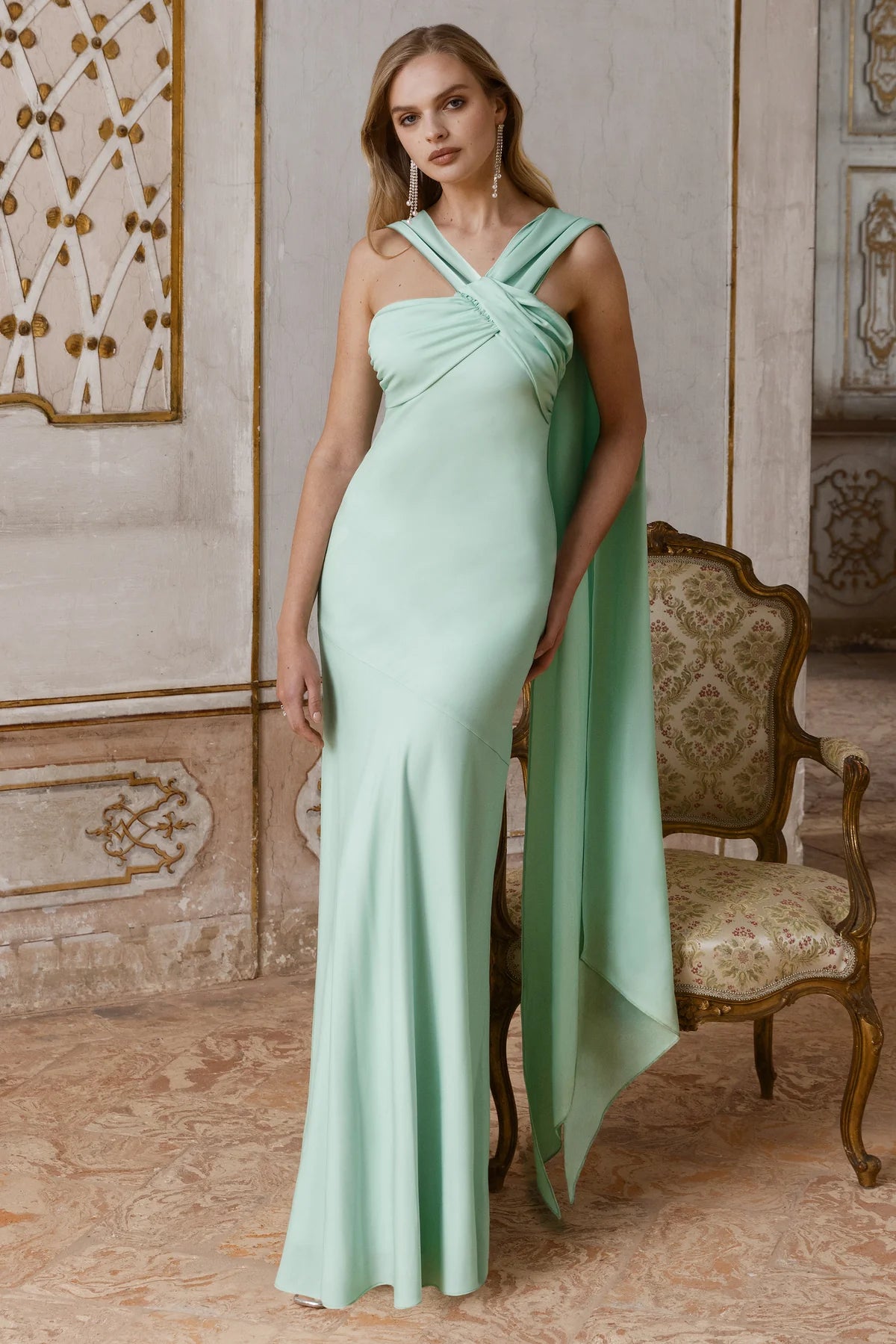 Elegant A-Line Asymmetric Twisted Neck Sleeveless Draped Cape Open Back Floor-Length Bridesmaid Dresses