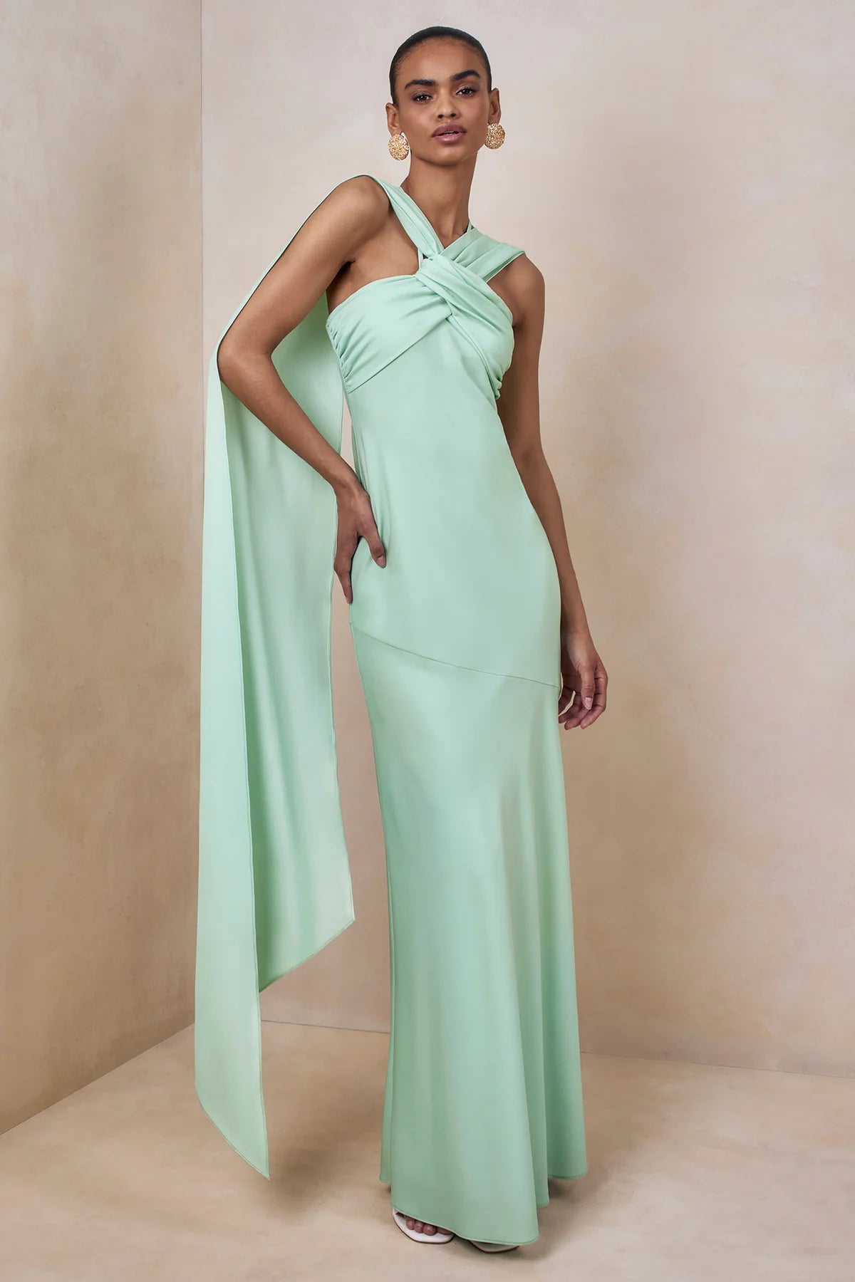 Elegant A-Line Asymmetric Twisted Neck Sleeveless Draped Cape Open Back Floor-Length Bridesmaid Dresses