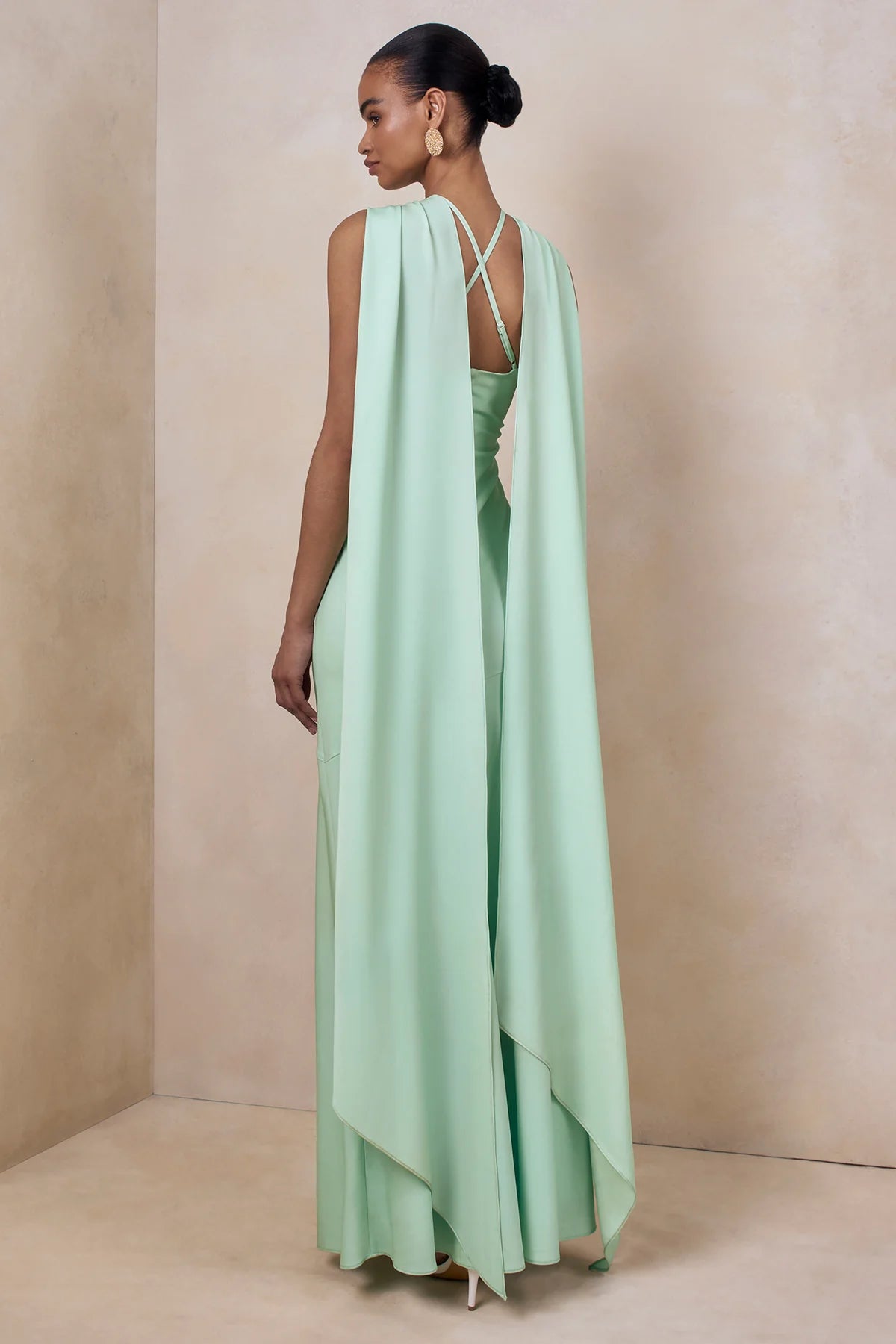Elegant A-Line Asymmetric Twisted Neck Sleeveless Draped Cape Open Back Floor-Length Bridesmaid Dresses
