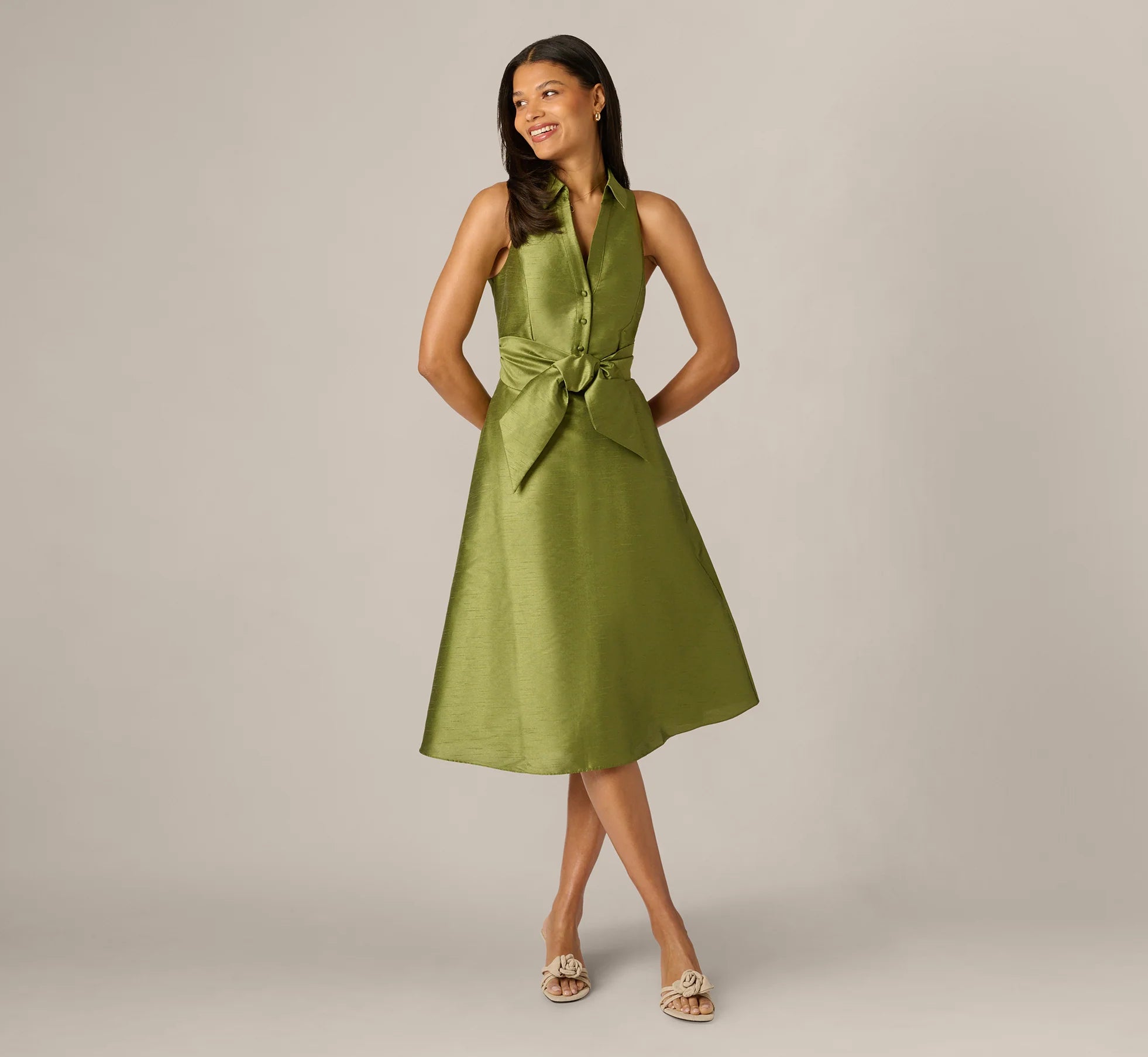 Elegant A-Line Collared V-Neck Sleeveless Midi Mother of the Bride Dress with Tie Waist and Pockets