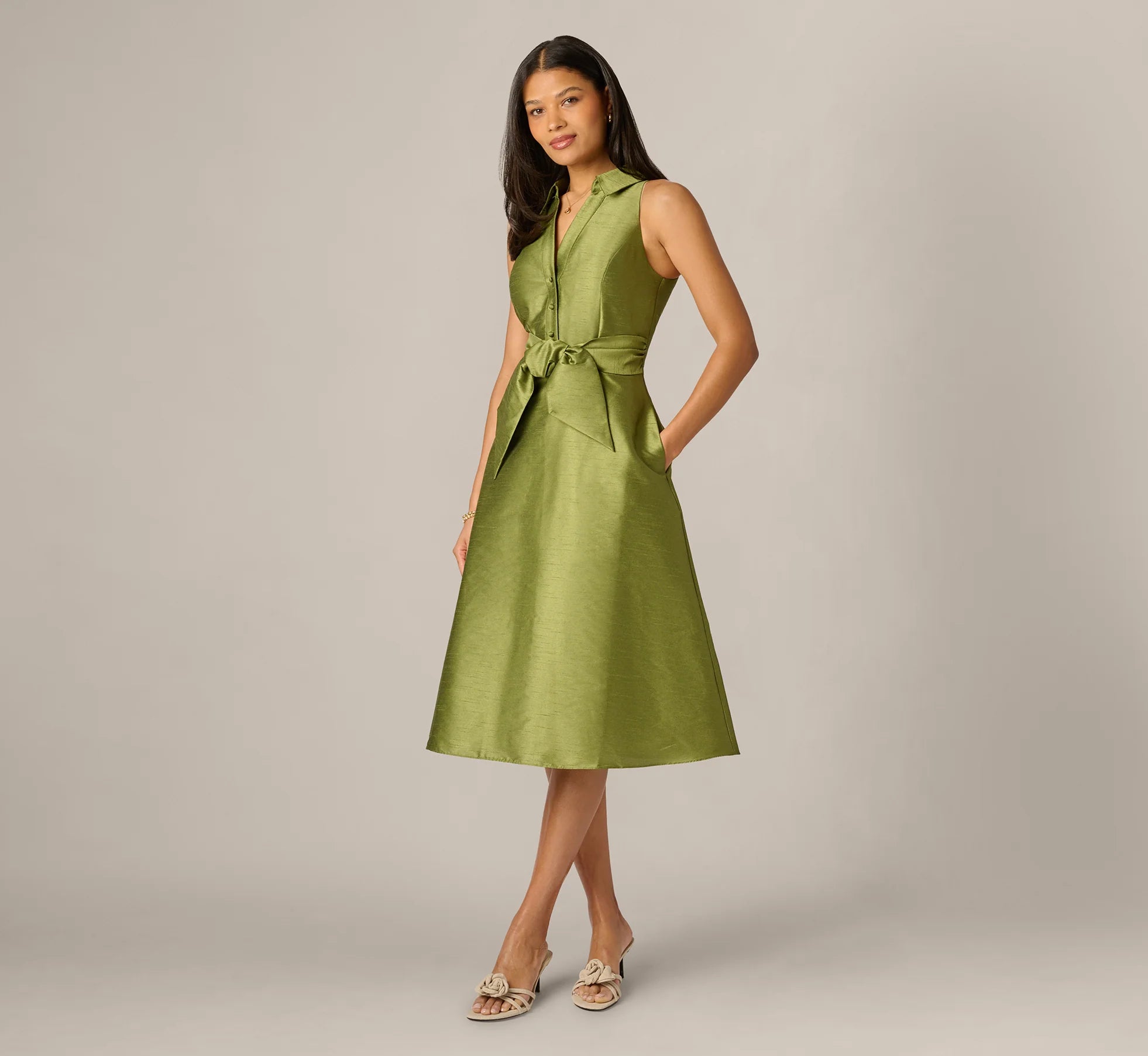 Elegant A-Line Collared V-Neck Sleeveless Midi Mother of the Bride Dress with Tie Waist and Pockets
