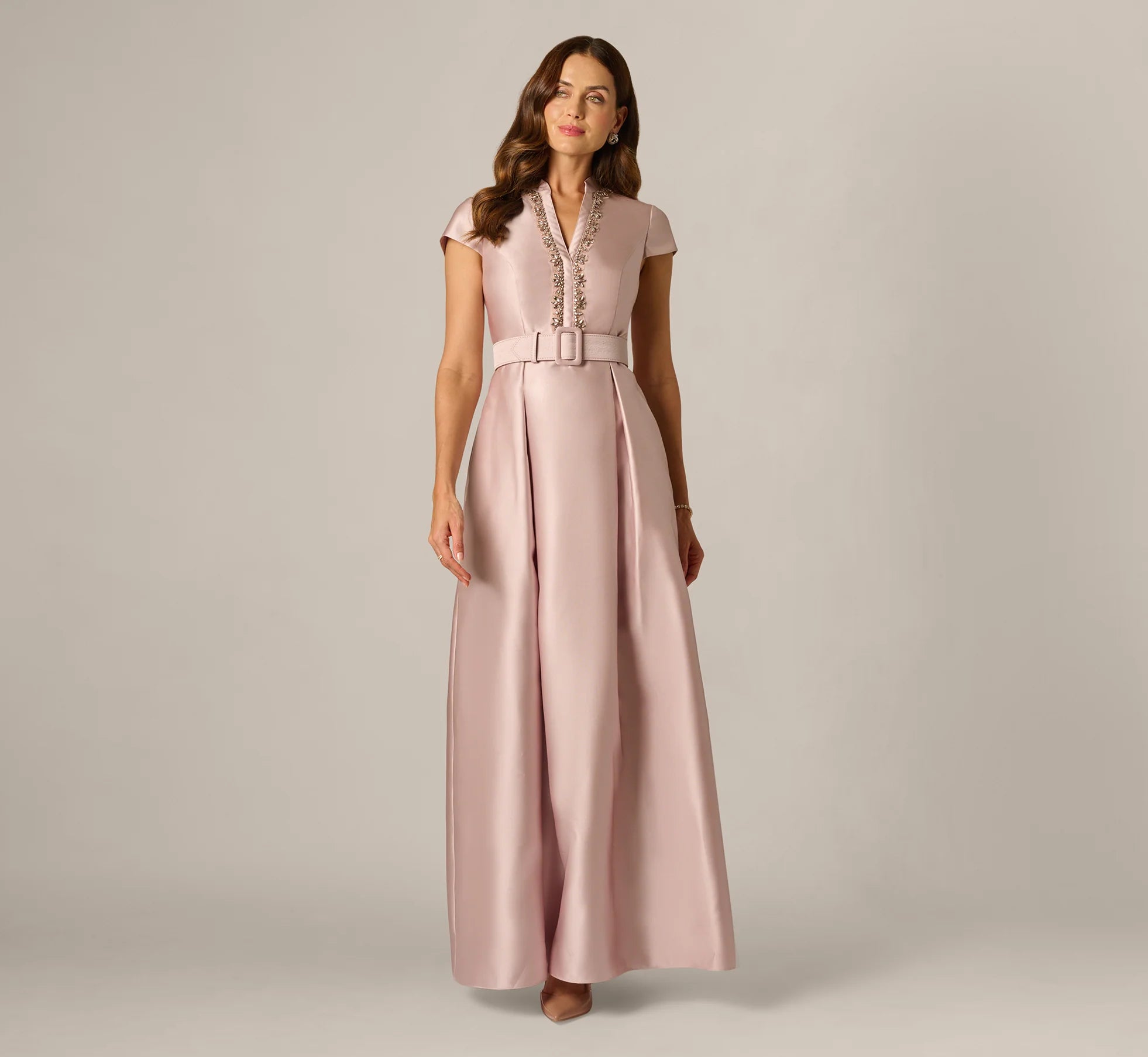 Elegant A-Line Embellished V-Neck Cap Sleeve High Back Floor-Length Mother of the Bride Dresses