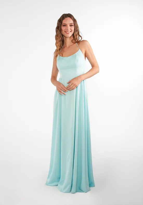 Elegant A-Line Halter Neck Graceful Pleated Aqua Blue Floor-Length Bridesmaid Dresses