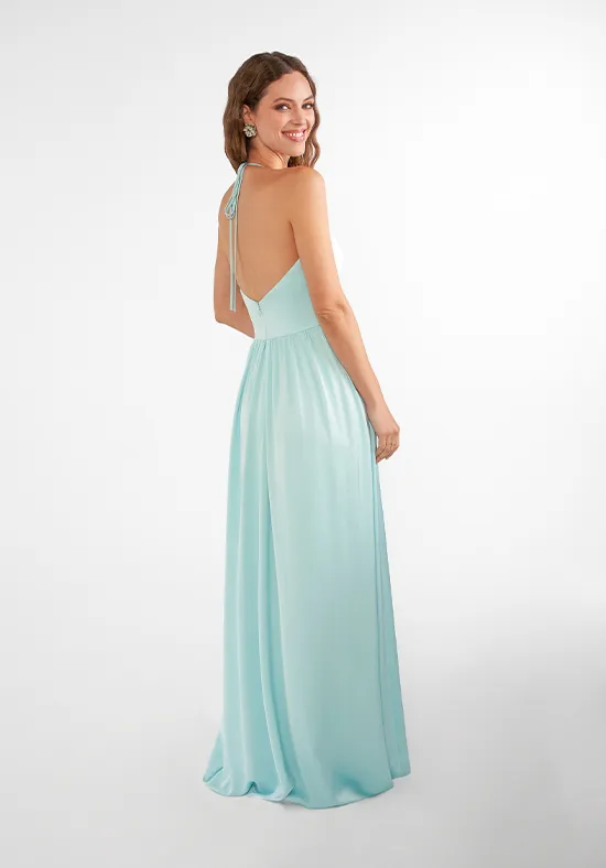Elegant A-Line Halter Neck Graceful Pleated Aqua Blue Floor-Length Bridesmaid Dresses