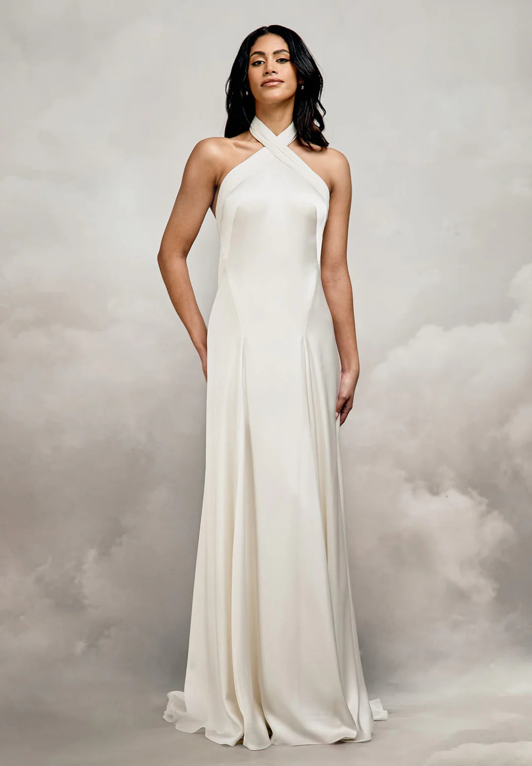 Elegant A-Line Halter Neck Sleeveless Open Back Floor-Length Satin Bridal Wedding Dresses for Modern Brides