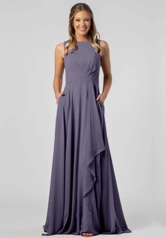 Elegant A-Line Jewel Neck Draped Ruffle Dusty Purple Floor-Length Bridesmaid Dresses