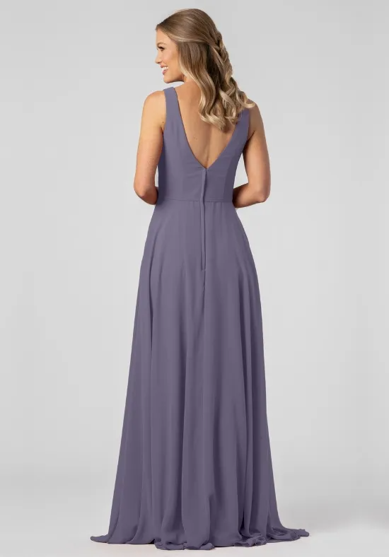 Elegant A-Line Jewel Neck Draped Ruffle Dusty Purple Floor-Length Bridesmaid Dresses