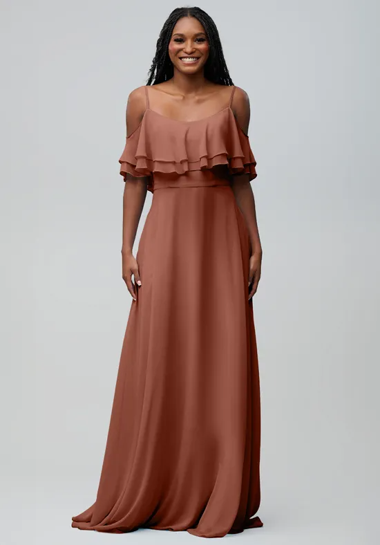Elegant A-Line Off-Shoulder Ruffle Flowy Rust Floor-Length Bridesmaid Dress