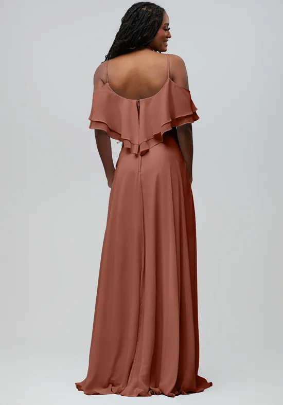 Elegant A-Line Off-Shoulder Ruffle Flowy Rust Floor-Length Bridesmaid Dress