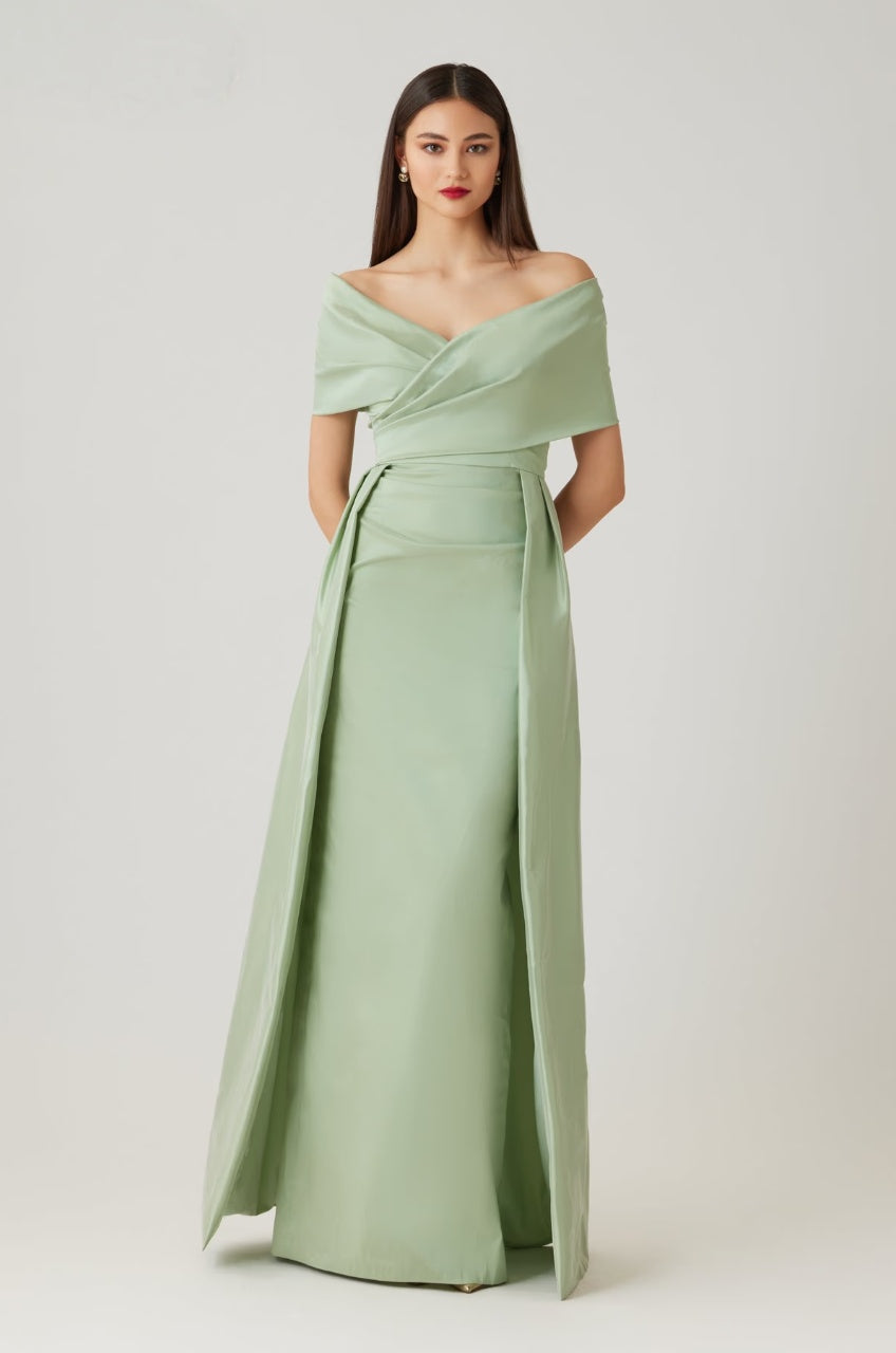 Elegant A-Line Off-Shoulder Short Draped Sleeve Zipper Back Floor-Length Mother of the Bride Dresses