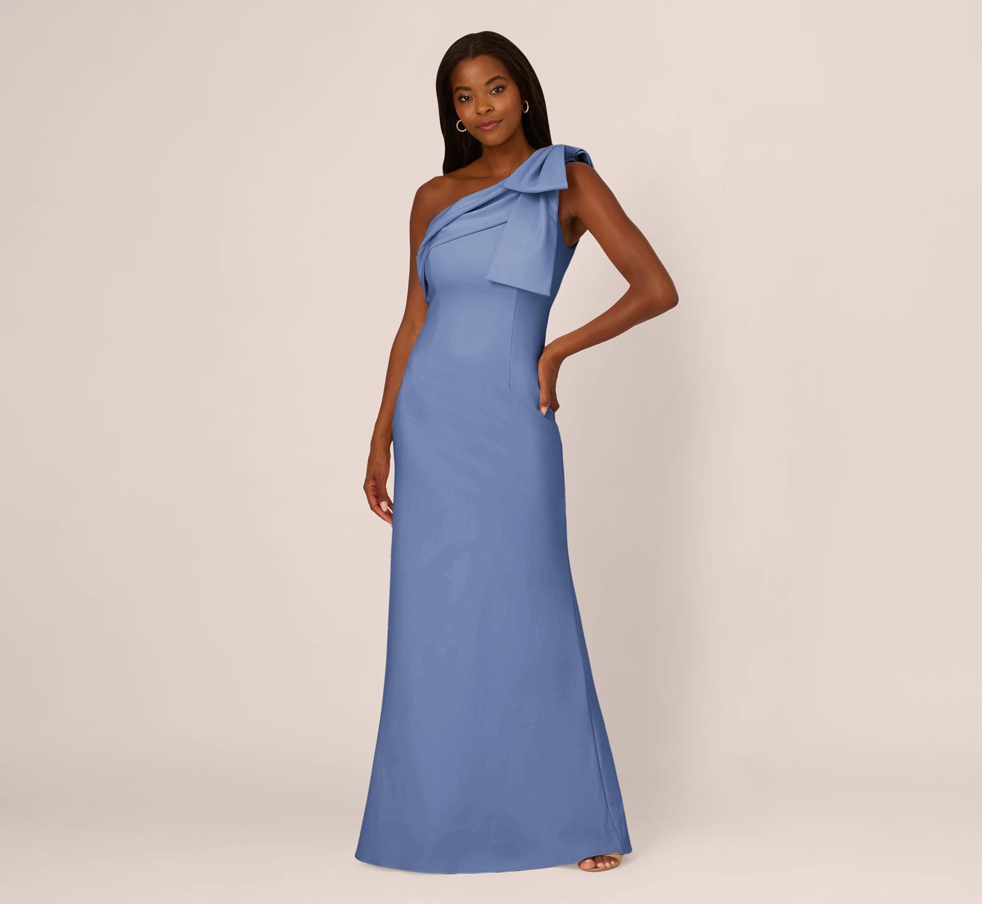 Elegant A-Line One-Shoulder Bow Detail Dusty Blue Floor-Length Mother Of The Bride Dress