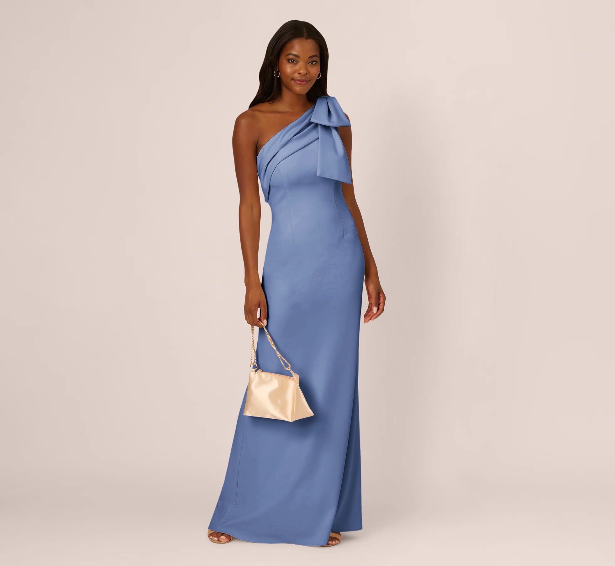 Elegant A-Line One-Shoulder Bow Detail Dusty Blue Floor-Length Mother Of The Bride Dress