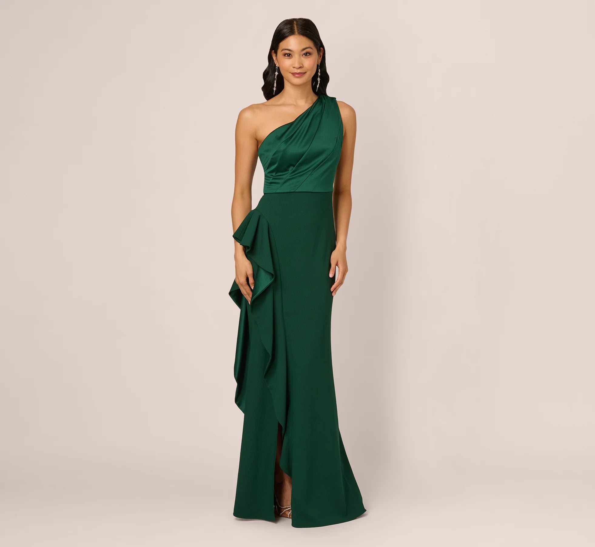 Elegant A-Line One-Shoulder Ruffled Slit Emerald Green Floor-Length Mother of the Bride Dresses