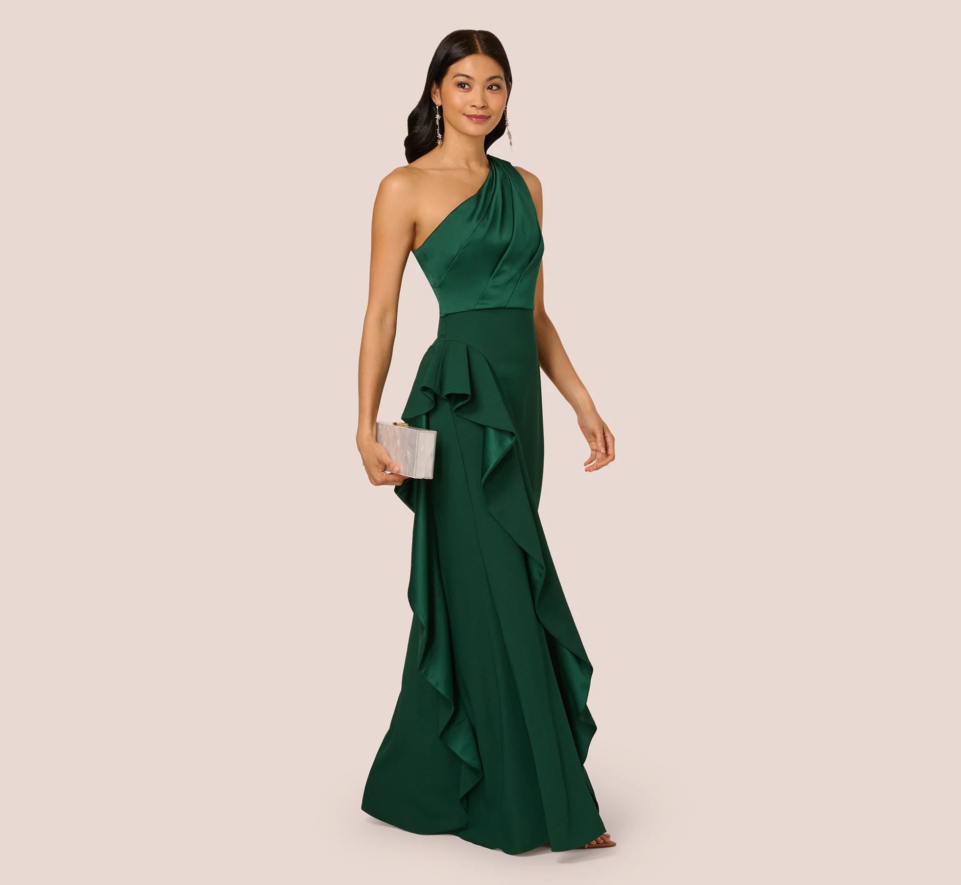 Elegant A-Line One-Shoulder Ruffled Slit Emerald Green Floor-Length Mother of the Bride Dresses