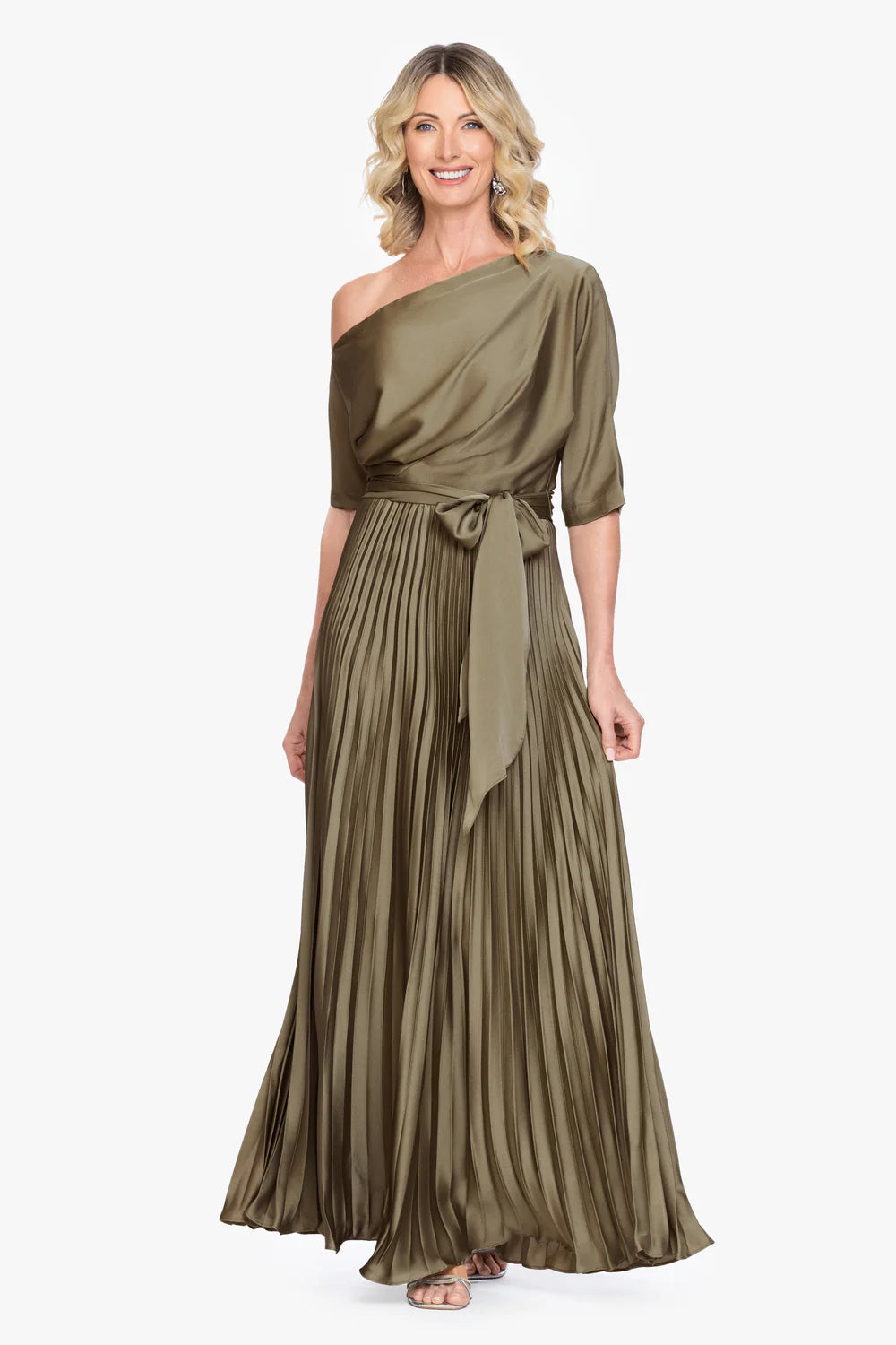 Elegant A-Line One-Shoulder Short Sleeve Draped Olive Green Floor-Length Mother Of The Bride Dress