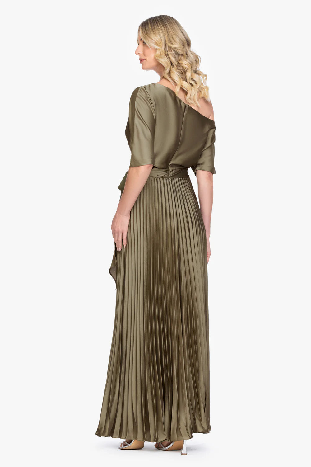 Elegant A-Line One-Shoulder Short Sleeve Draped Olive Green Floor-Length Mother Of The Bride Dress