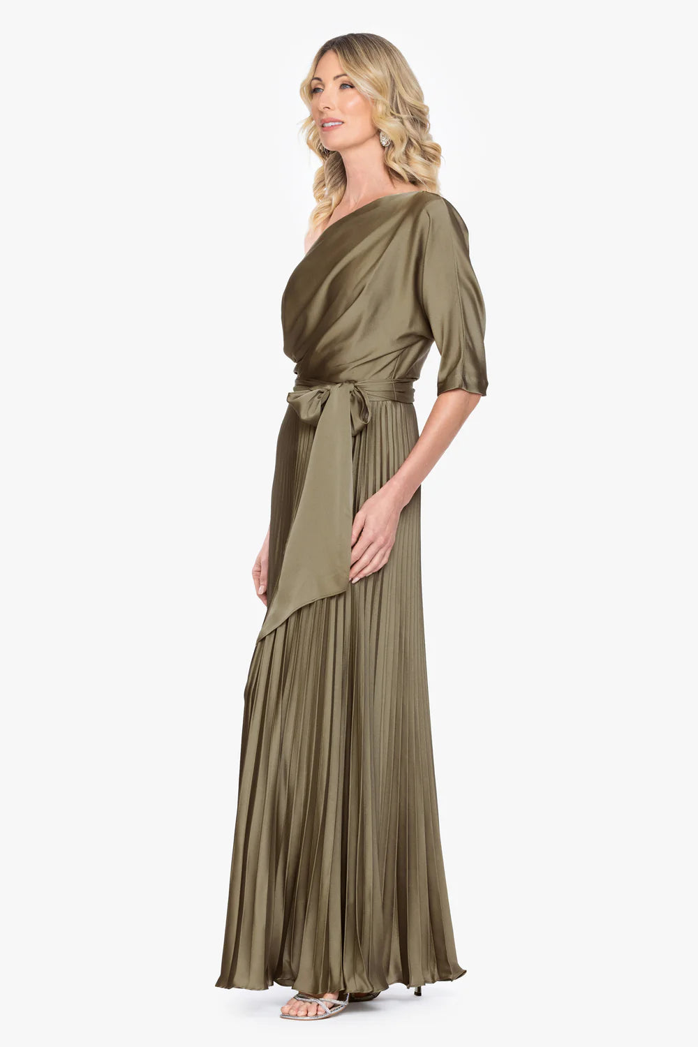 Elegant A-Line One-Shoulder Short Sleeve Draped Olive Green Floor-Length Mother Of The Bride Dress