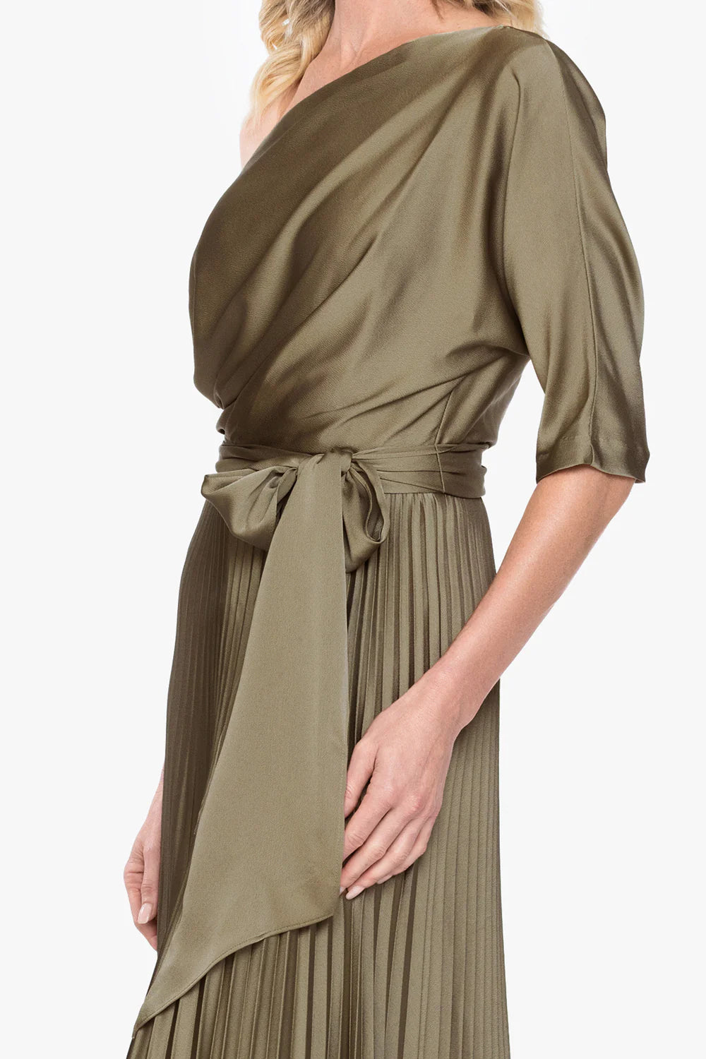 Elegant A-Line One-Shoulder Short Sleeve Draped Olive Green Floor-Length Mother Of The Bride Dress