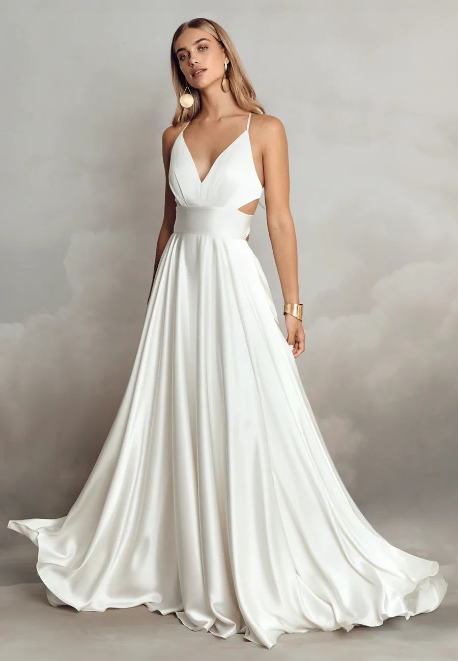 Elegant A-Line Plunging V-Neck Sleeveless Criss-Cross Back Floor-Length Wedding Dresses with Side Cutouts and Pockets