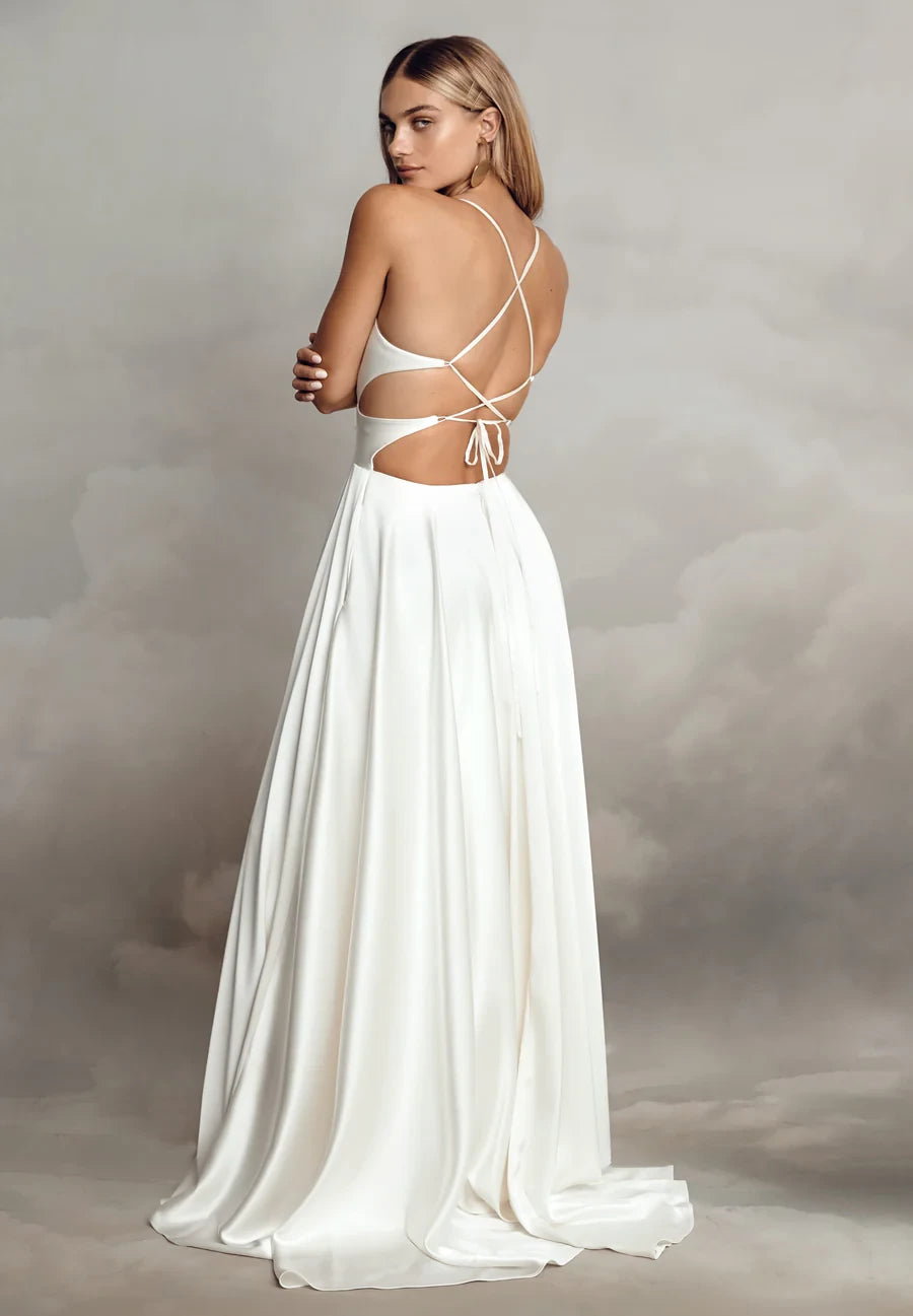 Elegant A-Line Plunging V-Neck Sleeveless Criss-Cross Back Floor-Length Wedding Dresses with Side Cutouts and Pockets