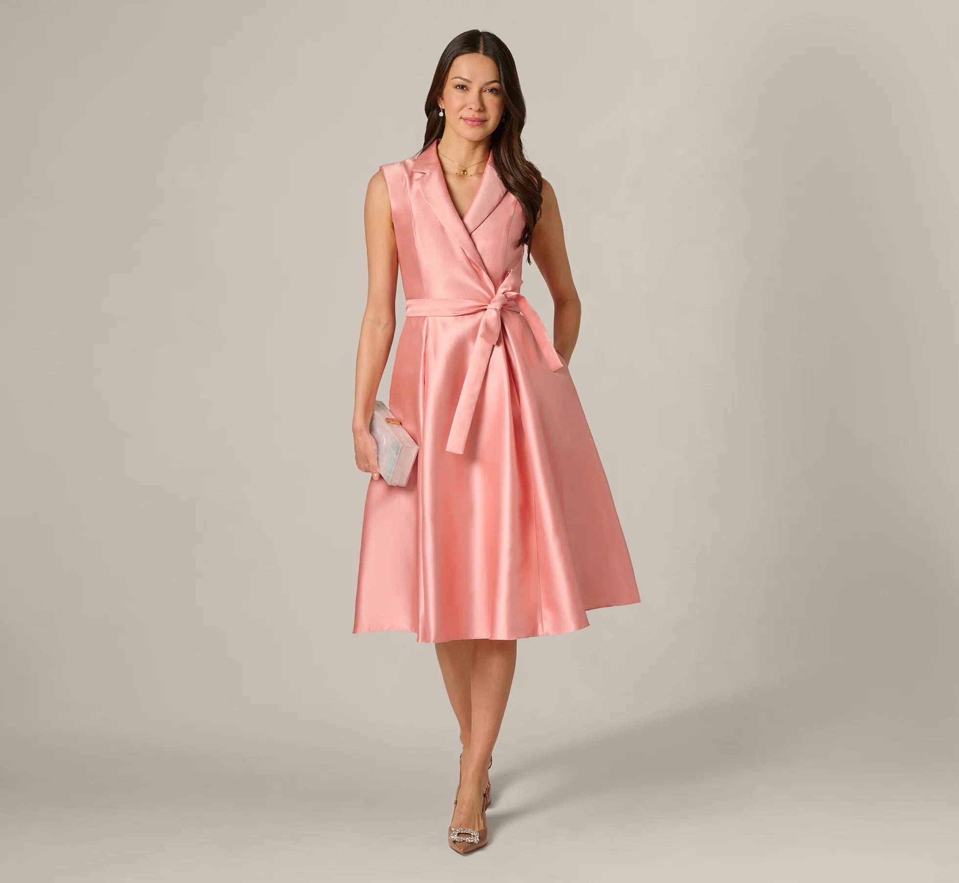 Elegant A-Line Shawl Collar Sleeveless High Back Midi Mother of the Bride Dresses with Tie Waist